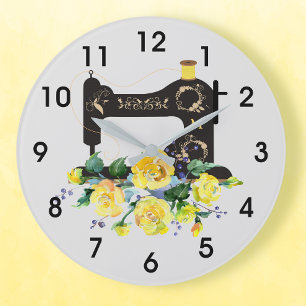 Horloge Ronde Machine à coudre Vintage florale Monogramme Grande