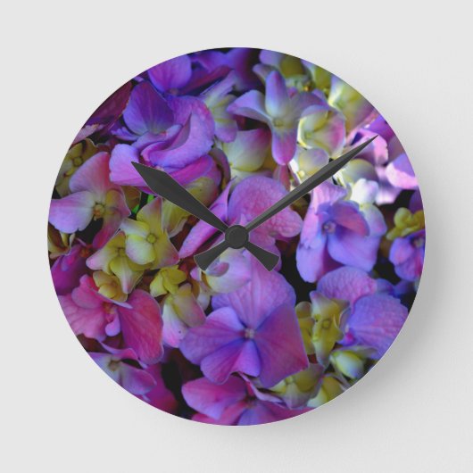 Horloge Ronde Magenta Purple bleu jaune Hydrangeas fleurs (Recto)