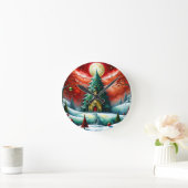 Horloge Ronde magie de Noël, moderne, rouge, vert, (Maison)