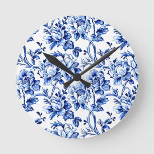 Horloge Ronde Magnolias bleu et blanc Toile de Jouy