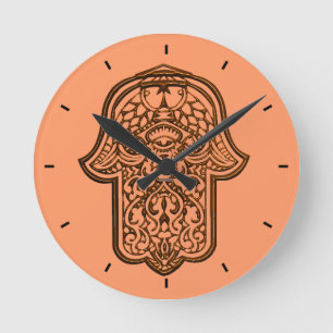 Horloge Ronde Main de henné de Hamsa (orange)