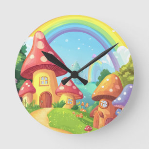Horloge Ronde Maisons champignons et arc-en-ciel