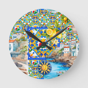 Horloge Ronde Majolica, citron, carreaux siciliens,