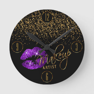 Horloge Ronde Makeup Artist Purple Lips with Gold Confeti