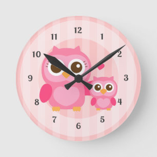Horloge Ronde Maman et bébé chouette rose mignons, chambre de fi