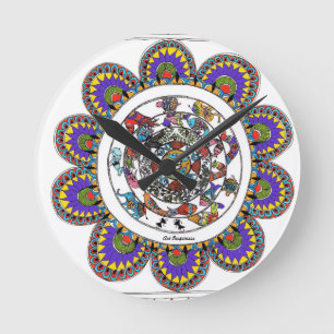 Horloge Ronde Mandal floral en style Madhubani