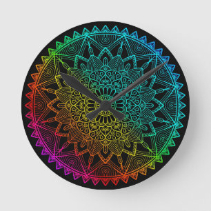 Horloge Ronde Mandala Arc-en-ciel noir