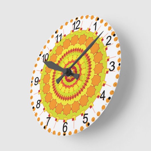 Horloge Ronde Mandala Art Jaune Orange Design (Angle)
