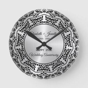Horloge Ronde Mandala Feuilles Noires 25e Anniversaire