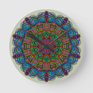 Horloge Ronde Mandala floral et motif géométrique vibrant