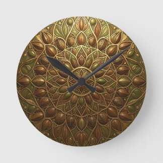 Horloge Ronde Mandala florale en bronze doré orné en relief