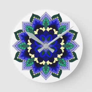 Horloge Ronde Mandala Motif 02 en bleu foncé