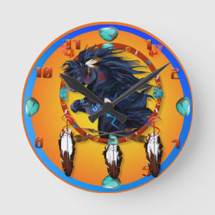 Horloge Ronde Mandala noir de deux chevaux