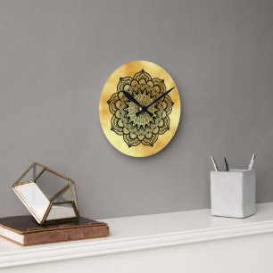 Horloge Ronde Mandala noir sur fond or doux