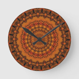Horloge Ronde Mandala orange, jaune et noir