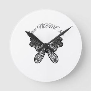 Horloge Ronde Mandala papillon boho complexe noir et blanc A