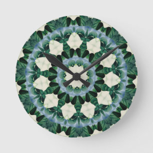 Horloge Ronde Mandala vert de Sacramento et bleu céruléen