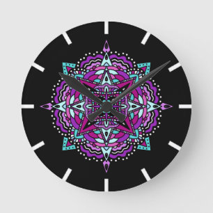 Horloge Ronde Mandala violet et Turquoise