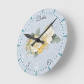 Horloge Ronde Mandalas bleu clair, rose et blanc (Angle)