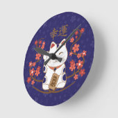 Horloge Ronde Maneki-neko cat with good luck kanji (Angle)