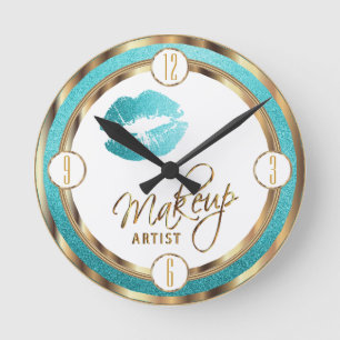 Horloge Ronde Maquillage Artiste Lèvres Turquoises avec or et b