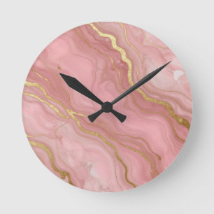 Horloge Ronde Marbre Abstrait Luxueux en Or Rose