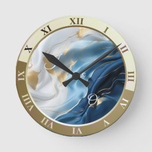 Horloge Ronde Marbre blanc bleu avec look soie or