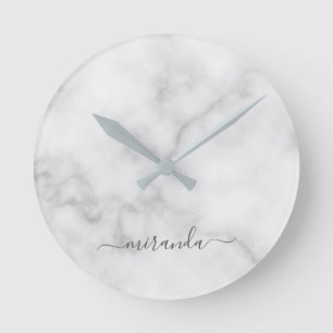 Horloge Ronde Marbre blanc de nom personnalisé de script modern