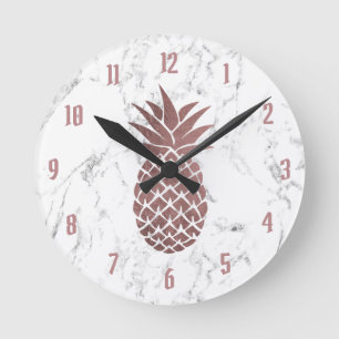 Horloge Ronde Marbre blanc moderne d'or de logo rose d'ananas