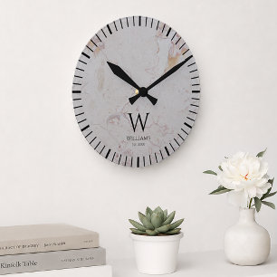 Horloge Ronde Marbre Blanc Monogramme Initiale Noire & Nom Perso