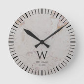 Horloge Ronde Marbre Blanc Monogramme Initiale Noire & Nom Perso (Recto)