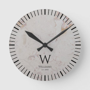 Horloge Ronde Marbre Blanc Monogramme Initiale Noire & Nom Perso