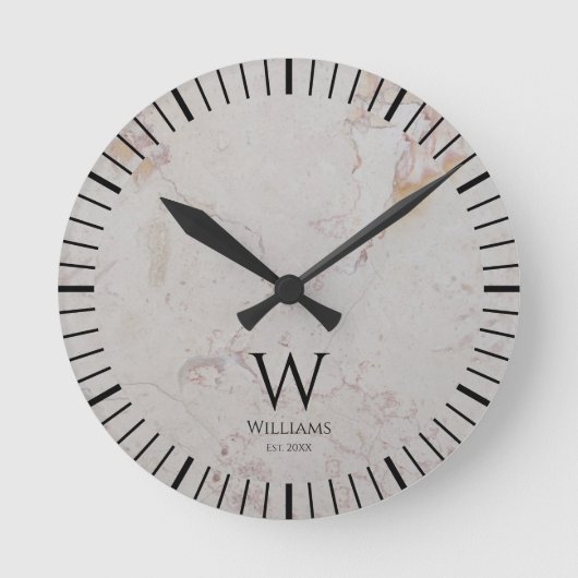 Horloge Ronde Marbre Blanc Monogramme Initiale Noire & Nom Perso (Recto)