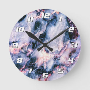 Horloge Ronde Marbre élégant et coloré blanc bleu et rose chiffr