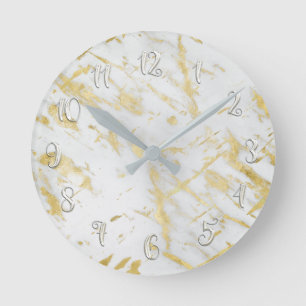Horloge Ronde Marbre moderne personnalisé blanc et or Glam