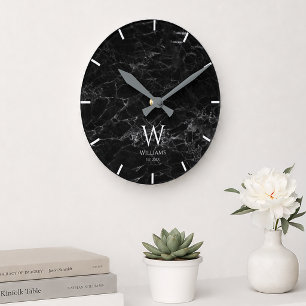 Horloge Ronde Marbre Noir Monogramme Blanc Initiale & Nom Person