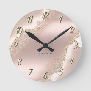 Horloge Ronde Marbre Pailleté Or Rose Élégant Chic