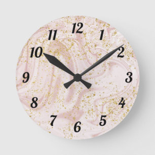 Horloge Ronde Marbre rose et blanc tourbillonnant paillettes d'o