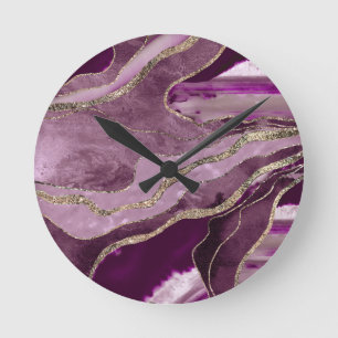 Horloge Ronde Marbre rose Mauve Agate Parties scintillant or Gla