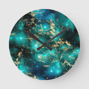 Horloge Ronde Marbre Spatial Noir Vert Nuit Étoilée Dorée