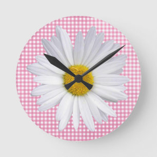 Horloge Ronde marguerite blanche sur en vichy rose