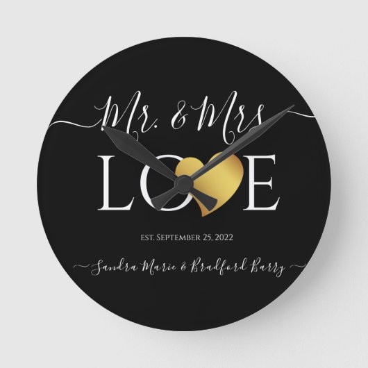 Horloge Ronde Mariage Black Gold Heart Nom du script Mr et Mrs. (Recto)