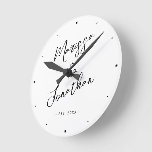 Horloge Ronde Mariage moderne à main noire blanche (Angle)