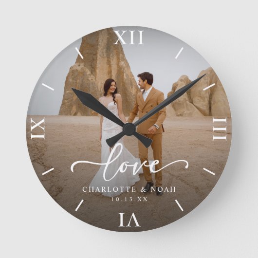 Horloge Ronde Mariage Photo Love Script Anniversaire (Recto)