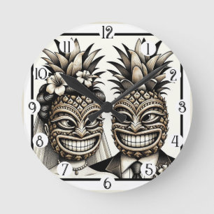 Horloge Ronde Mariés aloha tête de tiki ananas mariage 