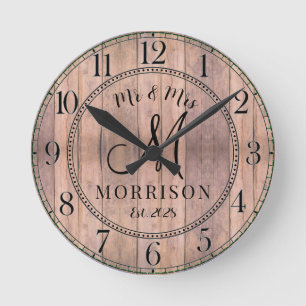 Horloge Ronde Mariés Personnalisés de Mariage Rustique