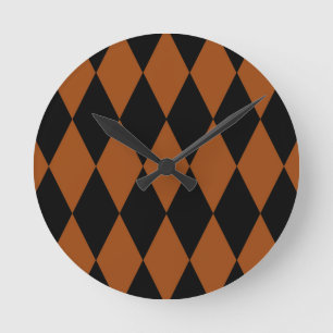 Horloge Ronde Marron Noir Harlequin Diamants Damier Design