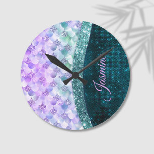 Horloge Ronde Masque de peau de sirène turquoise argent faux par