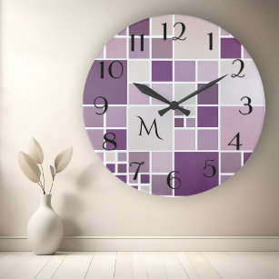 Horloge Ronde Mauve Checkered Pattern Monogram Wall Clock