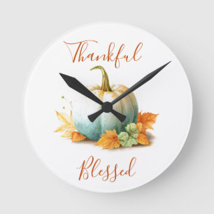Horloge Ronde Merci et bienheureux Thanksgiving Citrouille Horlo